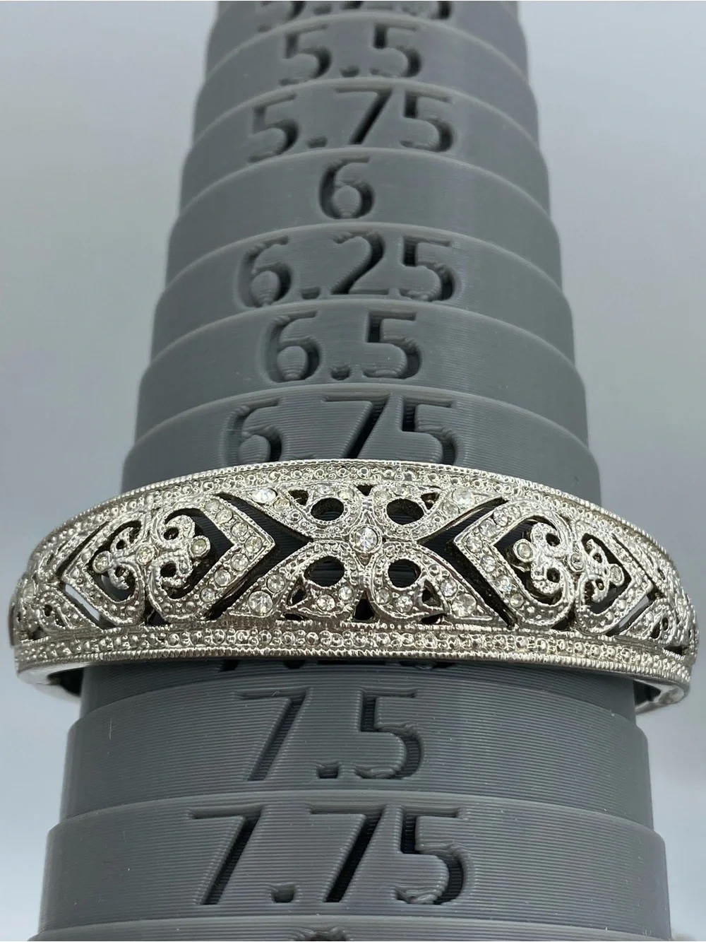 Vintage Ornate Silver Tone Filigree Bracelet With Pave Crystal Accents and Clasp